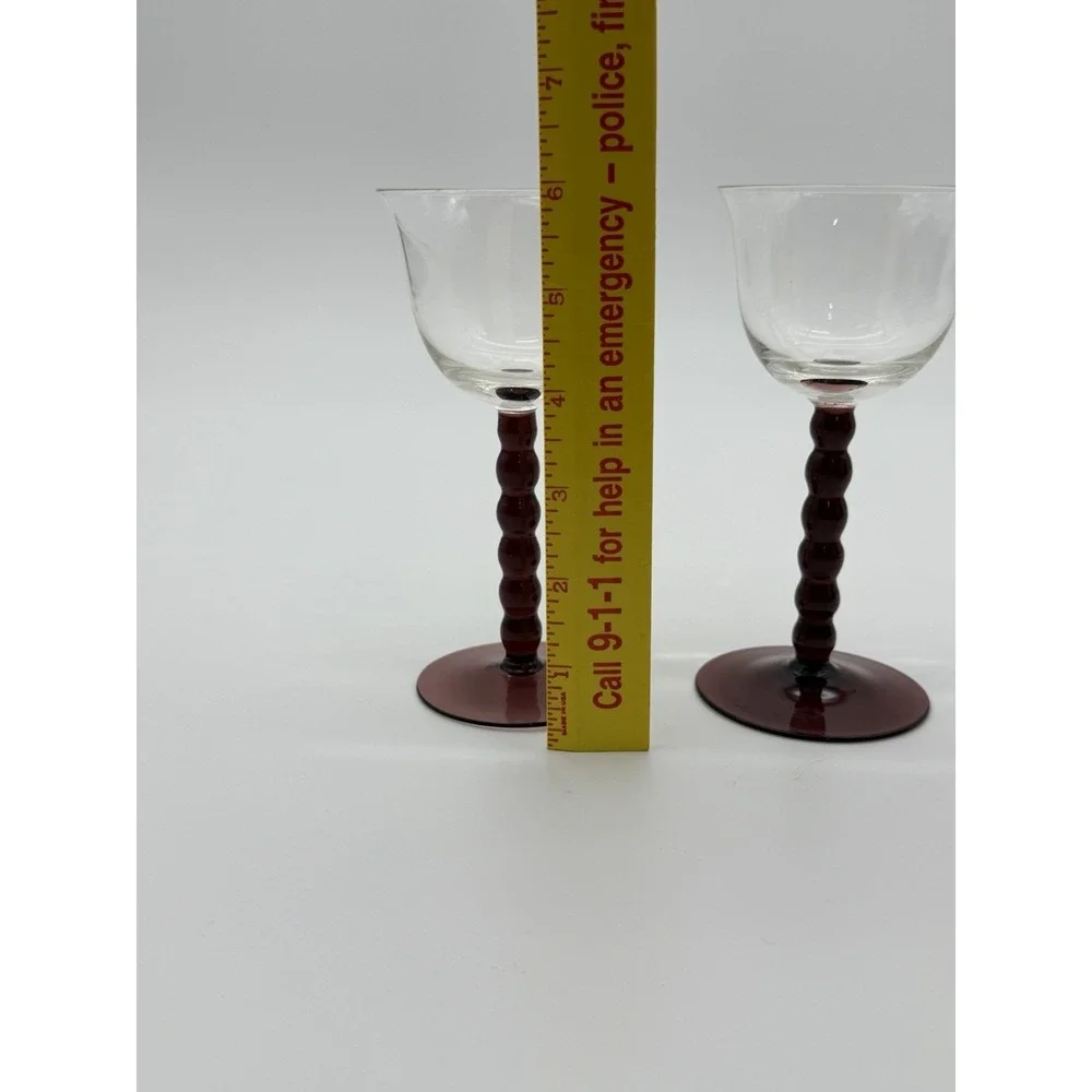 Set of 2 Cranberry Stem Wine Glasses Clear Bowl Knobby Stem Art Glass Goblets 6